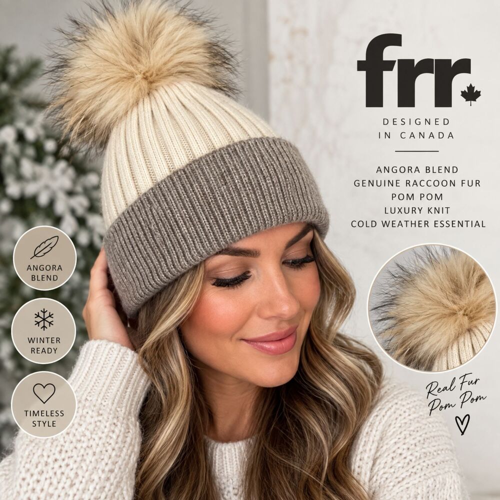 FRR Angora Knit Beanie Hat Cream Gray Genuine Raccoon Fur Pom Pom Canada OS